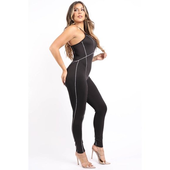 Women's Overlock Line Bodycon Jumpsuit Party Clubwear Sexy Backless Outfit XS-XL - Picture 7 of 9